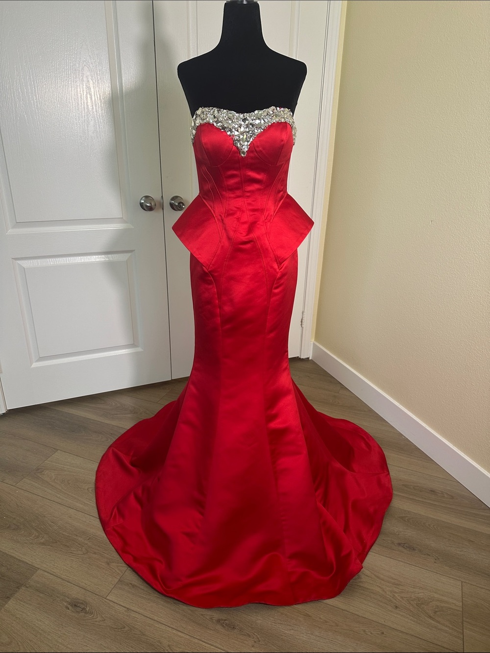 Classic Jovani Red Satin Mermaid Dress with Peplum and Rhinestones. Size 4